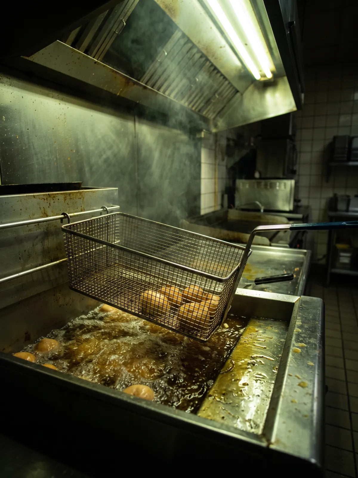 Fry basket of donut holes lowered into bubbling oil in a dim commercial kitchen