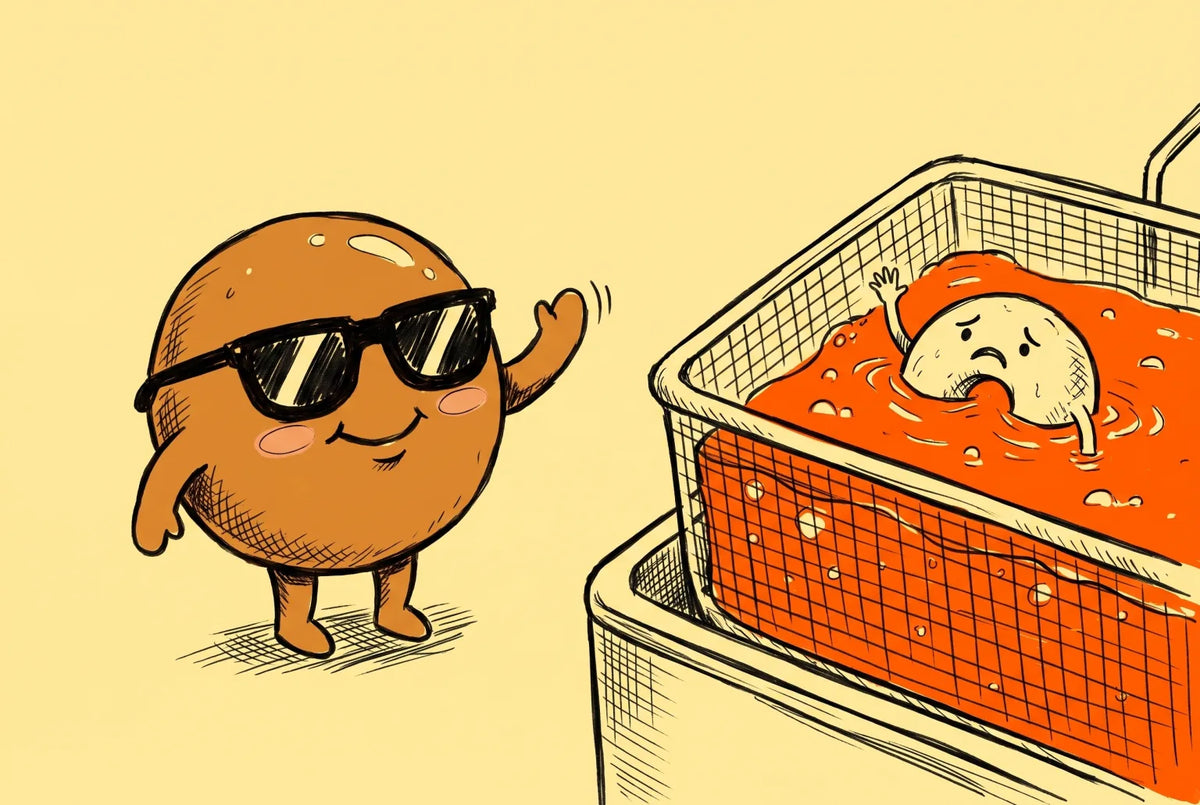Cartoon of the round Hot Box pretzel bite mascot waving at a sad donut hole sinking in a deep fryer