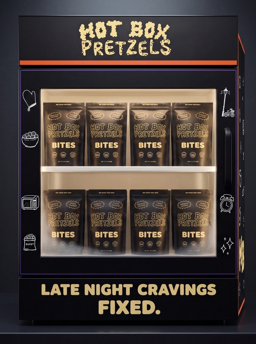 The Hot Box Pretzels freezer seen head-on, glass door lit, two shelves of pretzel bite bags inside