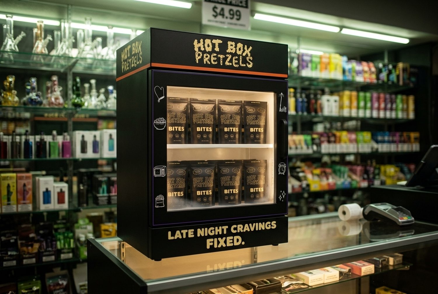 A black Hot Box Pretzels counter-top freezer, lit inside and stocked with bags of pretzel bites, sitting on a smoke shop counter